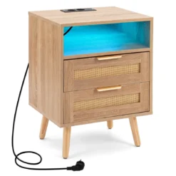 Nachttisch mit Ladestation & LED-Leuchten mit 2 Schubladen Beistelltisch mit Rattan-Optik Natur