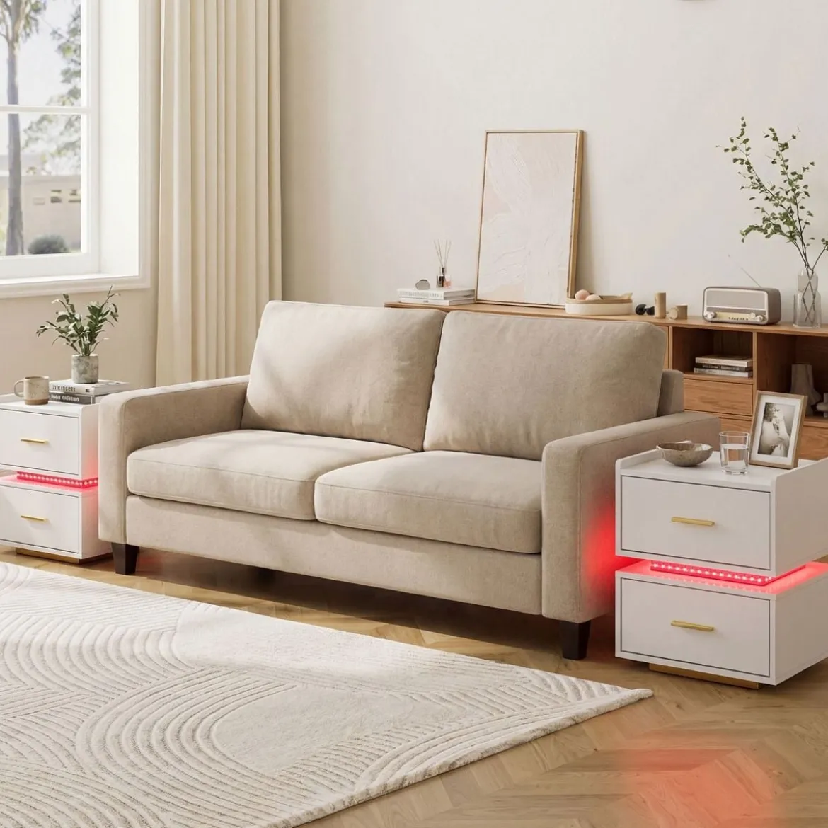 Nachttisch mit Ladestation LED 2 Schubladen Modern halb-schwebend Metallfuß Weiß