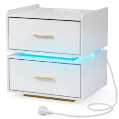 Nachttisch mit Ladestation LED 2 Schubladen Modern halb-schwebend Metallfuß Weiß