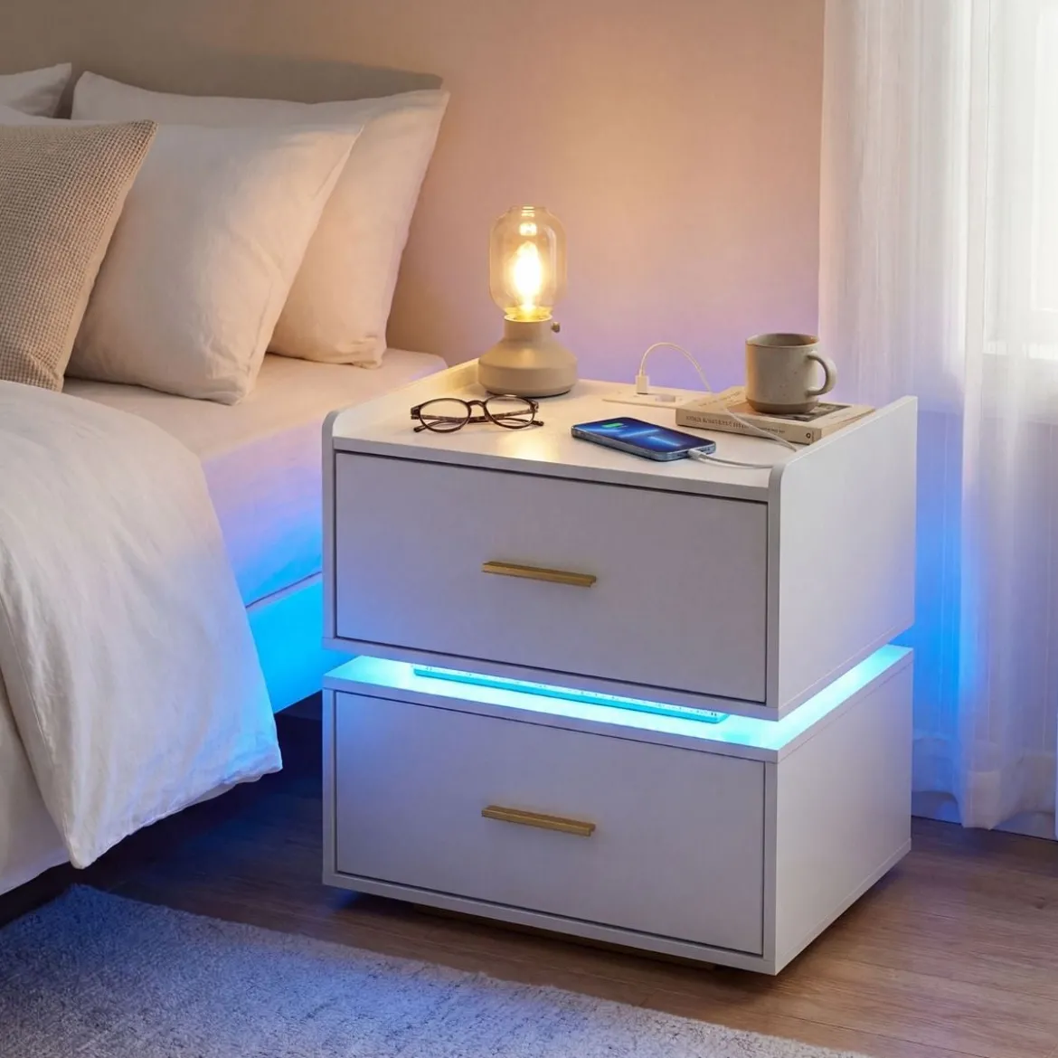 Nachttisch mit Ladestation LED 2 Schubladen Modern halb-schwebend Metallfuß Weiß