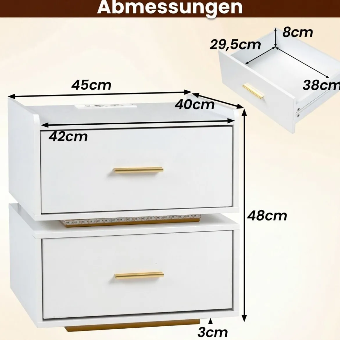 Nachttisch mit Ladestation LED 2 Schubladen Modern halb-schwebend Metallfuß Weiß