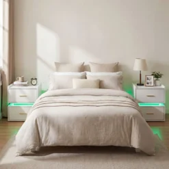 Nachttisch mit Ladestation LED 2 Schubladen Modern halb-schwebend Metallfuß Weiß