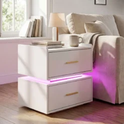 Nachttisch mit Ladestation LED 2 Schubladen Modern halb-schwebend Metallfuß Weiß
