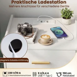 Nachttisch mit Ladestation LED 2 Schubladen Modern halb-schwebend Metallfuß Weiß