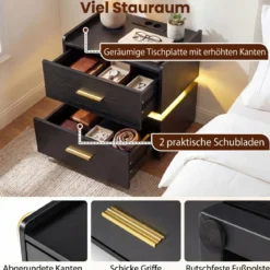 Nachttisch mit Ladestation LED-Bettisch 2 Schubladen modern halb-schwebend mit Metallfuß Schwarz
