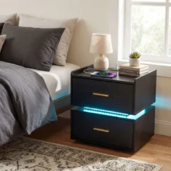 Nachttisch mit Ladestation LED-Bettisch 2 Schubladen modern halb-schwebend mit Metallfuß Schwarz