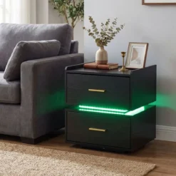 Nachttisch mit Ladestation LED-Bettisch 2 Schubladen modern halb-schwebend mit Metallfuß Schwarz