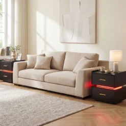 Nachttisch mit Ladestation LED-Bettisch 2 Schubladen modern halb-schwebend mit Metallfuß Schwarz