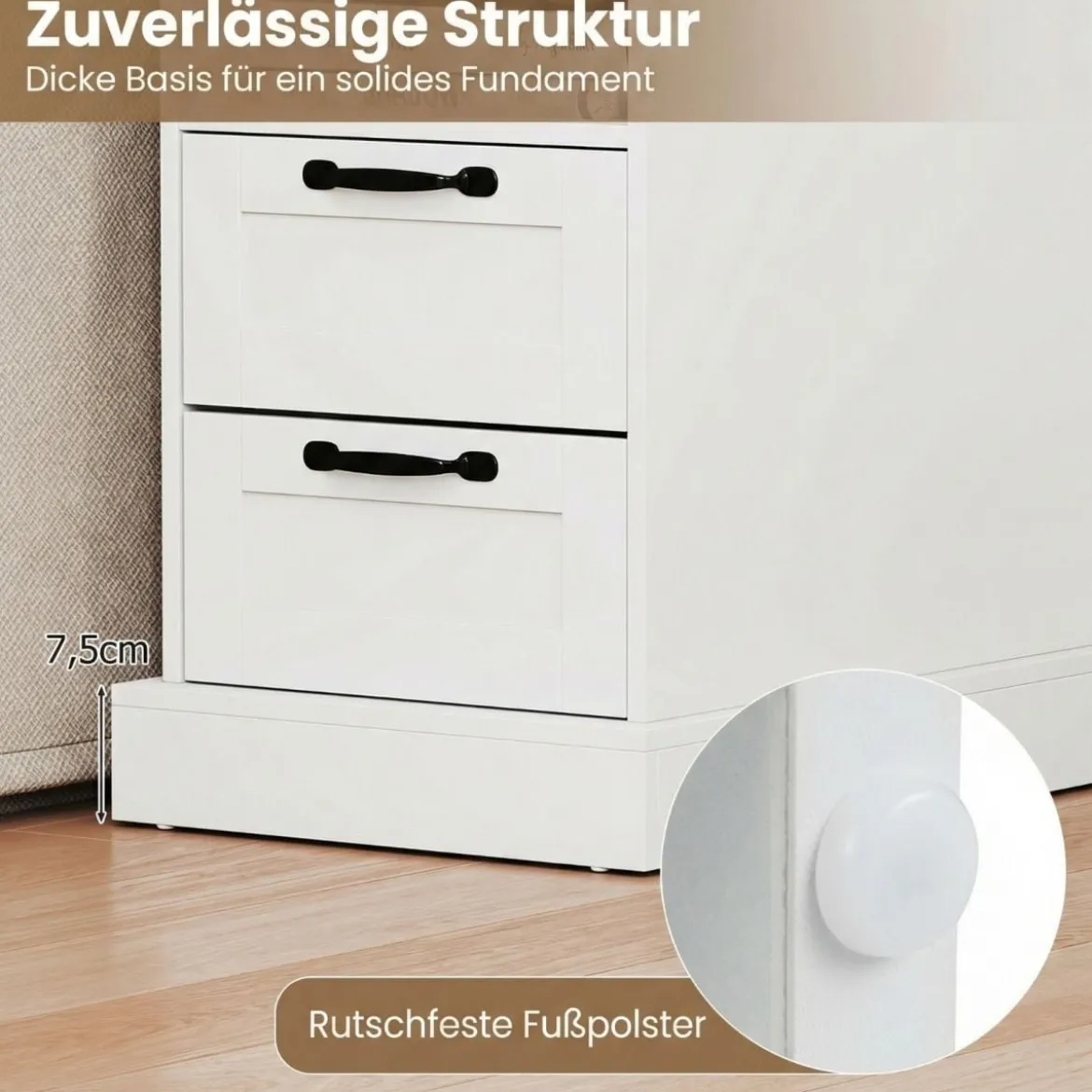 Nachttisch mit Ladestation schmaler Beistelltisch mit offenem Ablagefach & 2 Schubladen Weiß