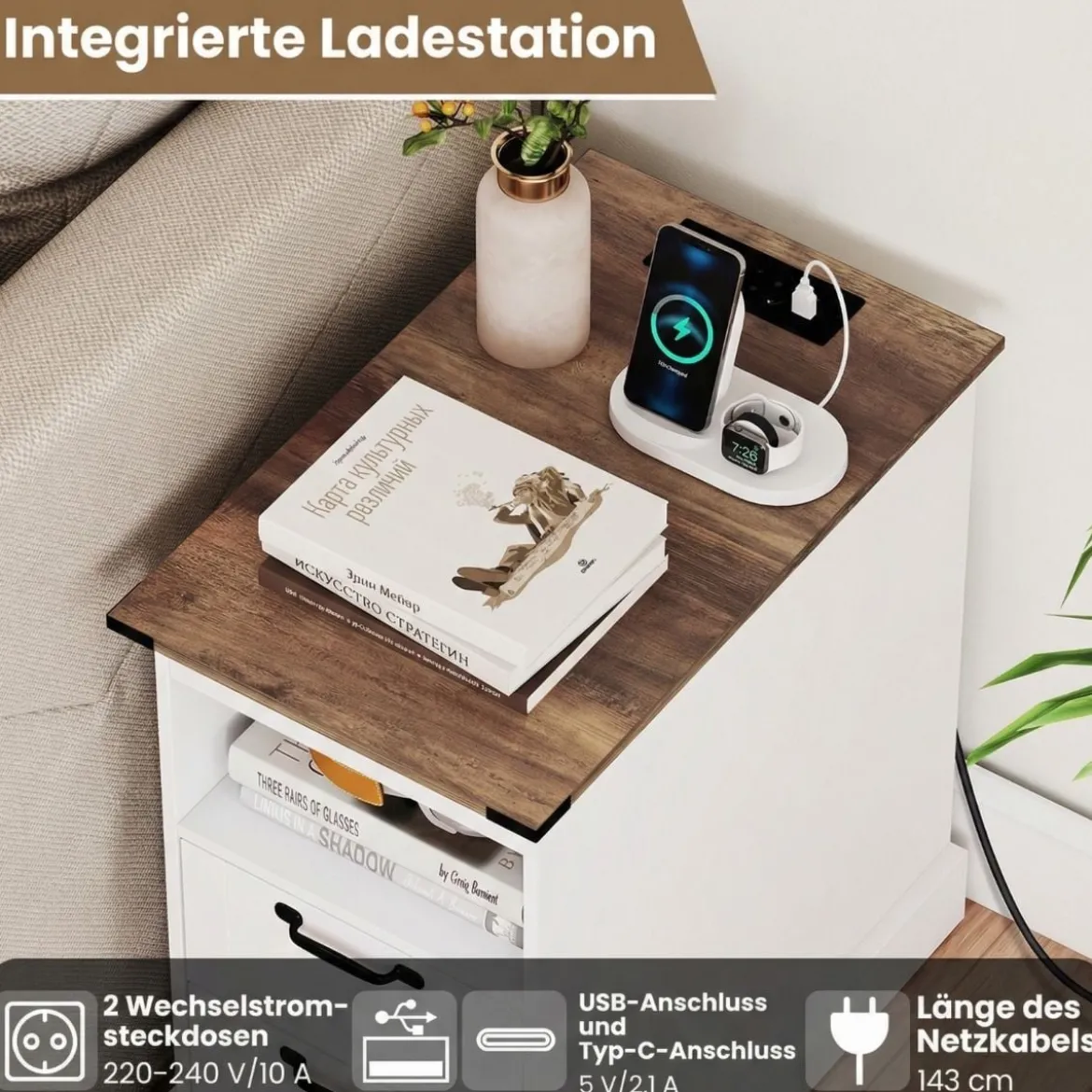 Nachttisch mit Ladestation schmaler Beistelltisch mit offenem Ablagefach & 2 Schubladen Weiß