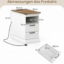 Nachttisch mit Ladestation schmaler Beistelltisch mit offenem Ablagefach & 2 Schubladen Weiß