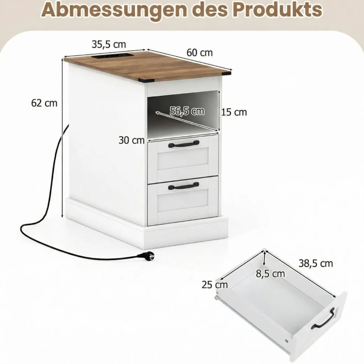 Nachttisch mit Ladestation schmaler Beistelltisch mit offenem Ablagefach & 2 Schubladen Weiß