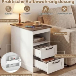 Nachttisch mit Ladestation schmaler Beistelltisch mit offenem Ablagefach & 2 Schubladen Weiß