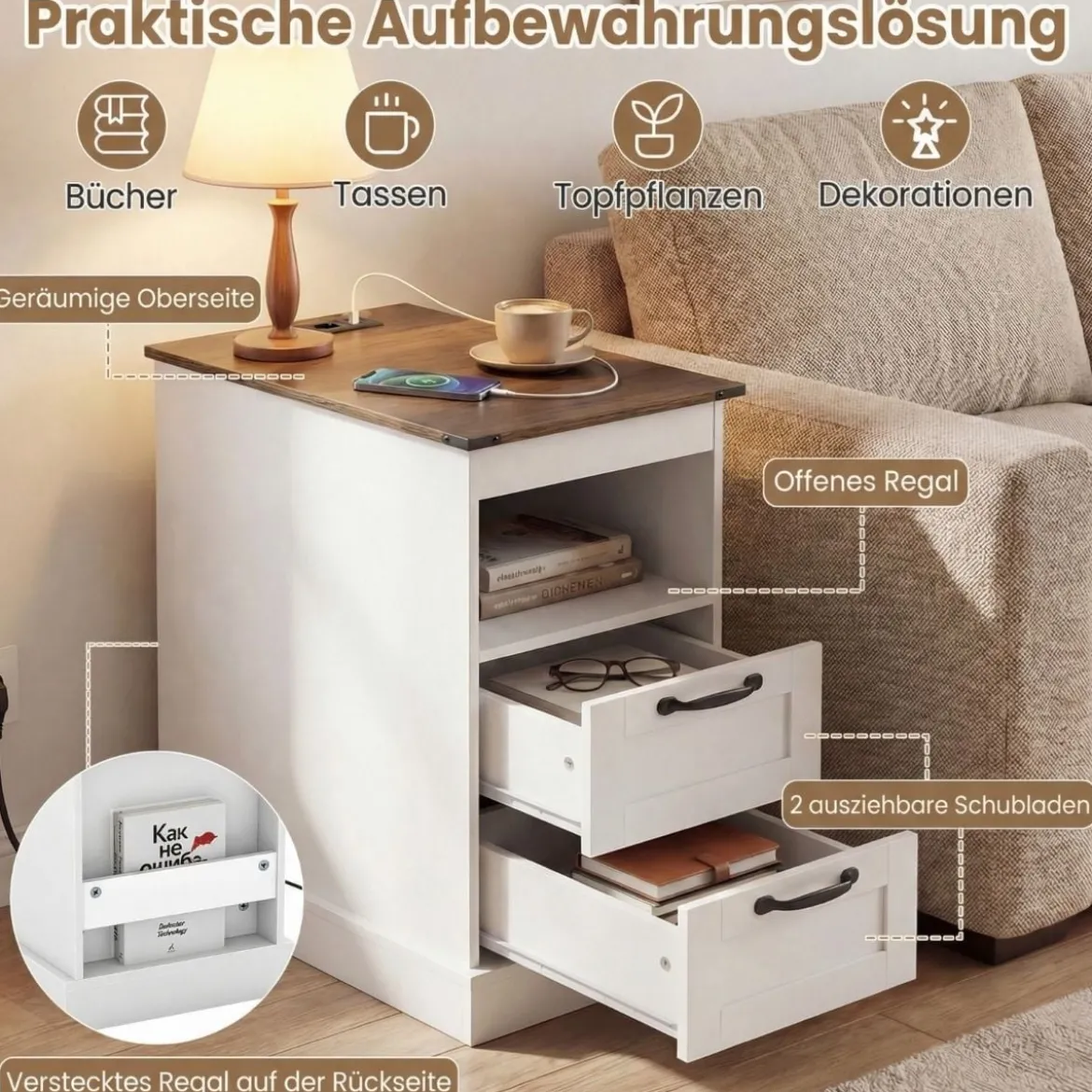 Nachttisch mit Ladestation schmaler Beistelltisch mit offenem Ablagefach & 2 Schubladen Weiß