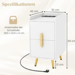 Nachttisch mit Ladestation schmaler Nachtschrank mit 2 Schubladen & USB-Anschlüssen 40 x 32 x 60 cm Weiß