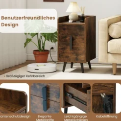 Nachttisch mit Ladestation schmaler Nachtschrank mit 2 Schubladen Beistelltisch mit Metallbeinen Rustikales Braun