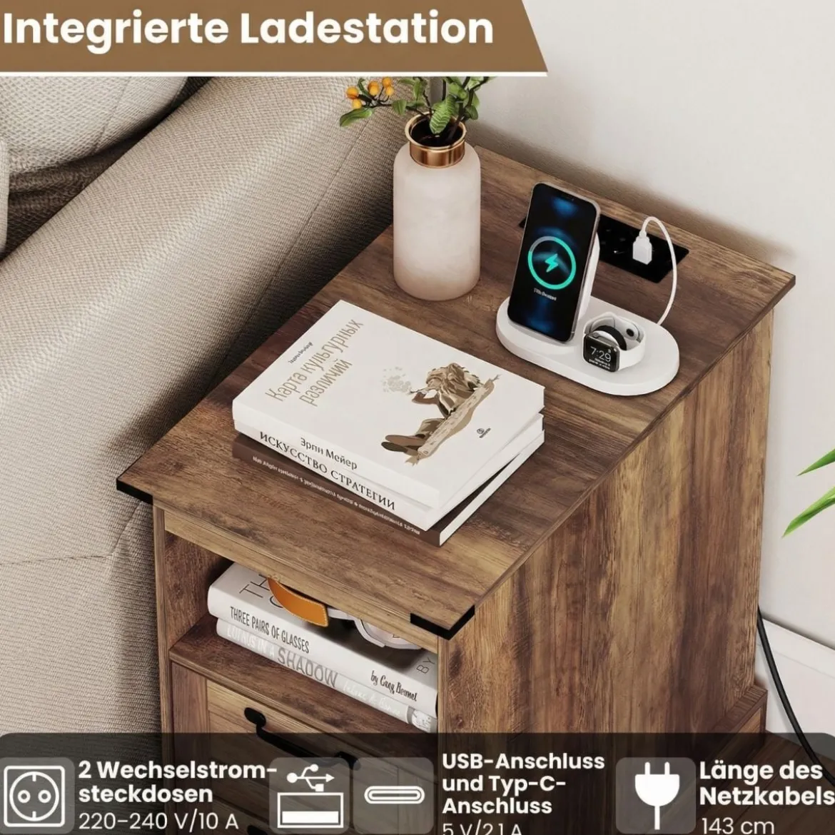 Nachttisch mit Ladestation Schmaler Beistelltisch mit Offenem Ablagefach & 2 Schubladen Braun