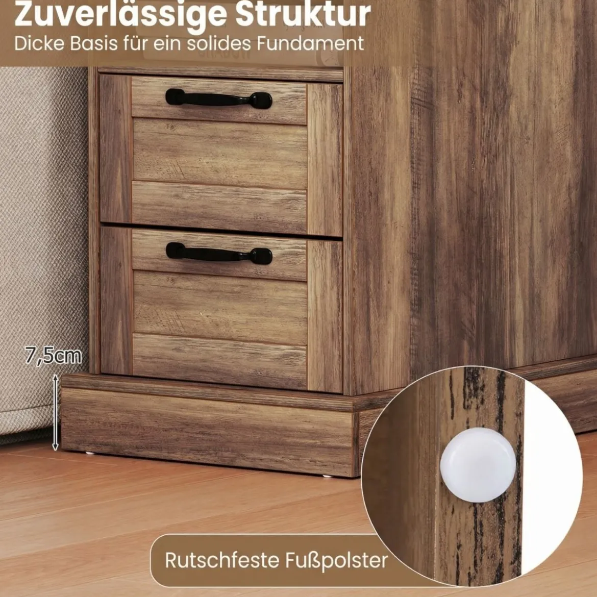 Nachttisch mit Ladestation Schmaler Beistelltisch mit Offenem Ablagefach & 2 Schubladen Braun