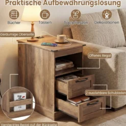 Nachttisch mit Ladestation Schmaler Beistelltisch mit Offenem Ablagefach & 2 Schubladen Braun