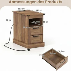 Nachttisch mit Ladestation Schmaler Beistelltisch mit Offenem Ablagefach & 2 Schubladen Braun