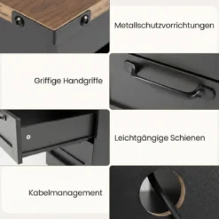 Nachttisch mit Ladestation schmaler Beistelltisch mit offenem Ablagefach & 2 Schubladen Schwarz