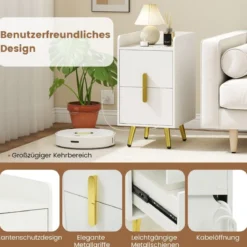 Nachttisch mit Ladestation schmaler Nachtschrank mit 2 Schubladen Beistelltisch mit Metallbeinen Weiß
