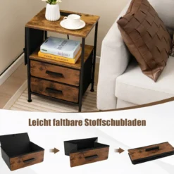 Nachttisch mit Ladestation & 2 Schubladen & 6 Seitentaschen Industrieller Beistelltisch Braun
