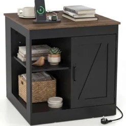 Nachttisch mit Ladestation & Verstellbarem Regal Holz Beistelltisch Nachtschrank Sofatisch Schwarz