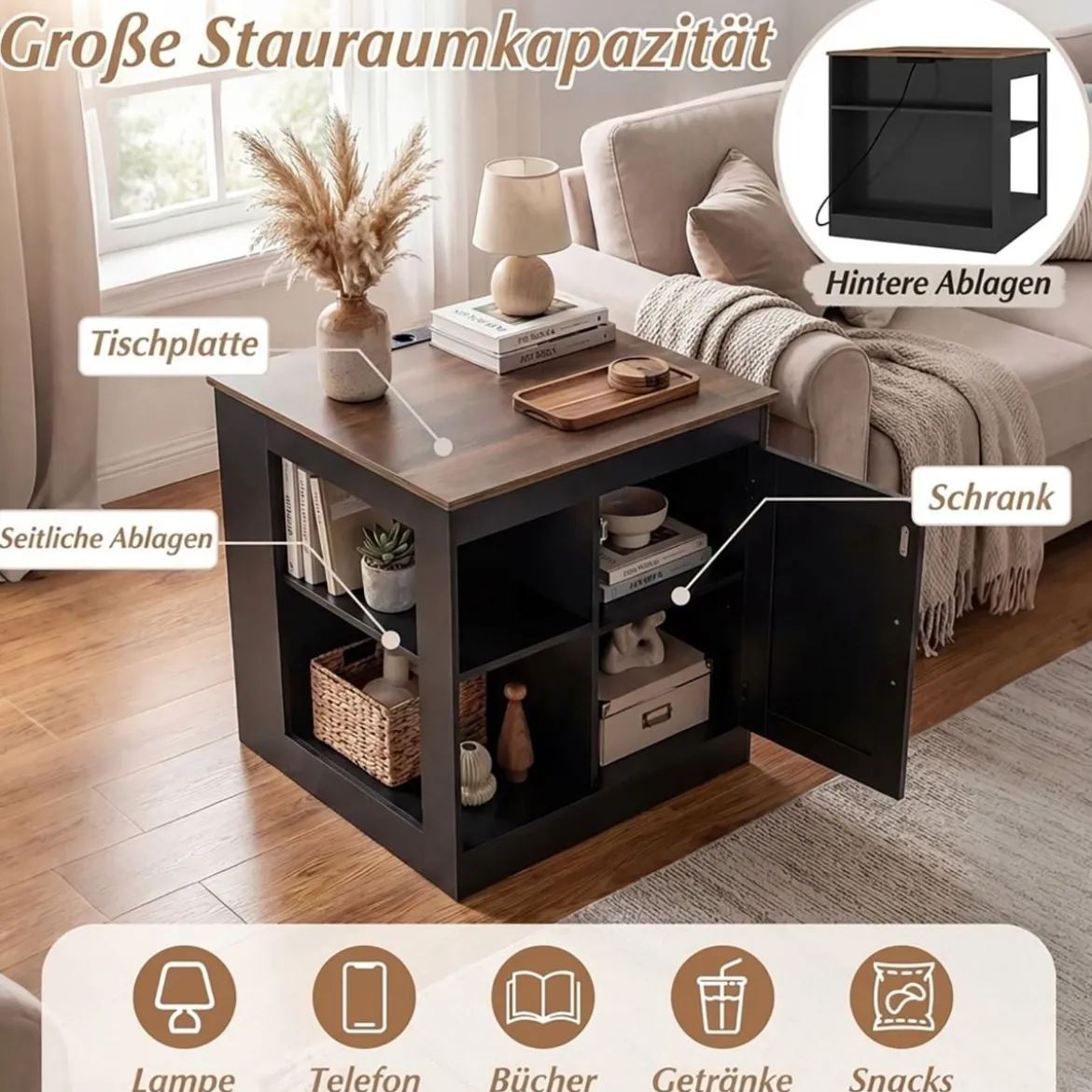 Nachttisch mit Ladestation & Verstellbarem Regal Holz Beistelltisch Nachtschrank Sofatisch Schwarz