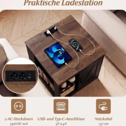 Nachttisch mit Ladestation & Verstellbarem Regal Holz Beistelltisch Nachtschrank Sofatisch Schwarz