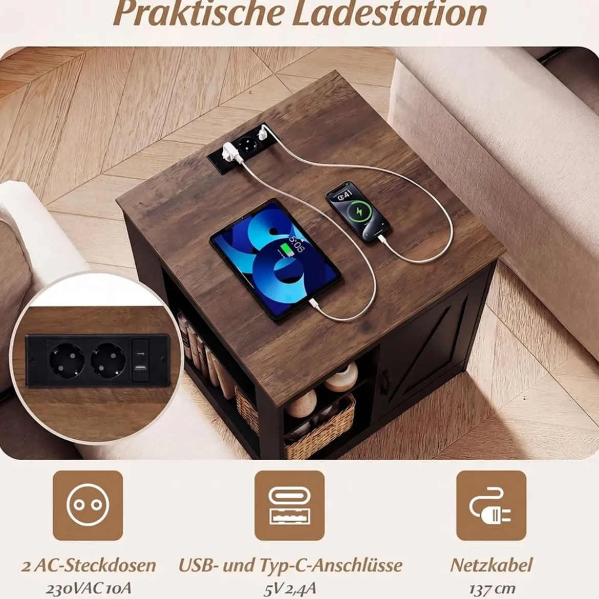Nachttisch mit Ladestation & Verstellbarem Regal Holz Beistelltisch Nachtschrank Sofatisch Schwarz