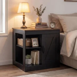 Nachttisch mit Ladestation & Verstellbarem Regal Holz Beistelltisch Nachtschrank Sofatisch Schwarz