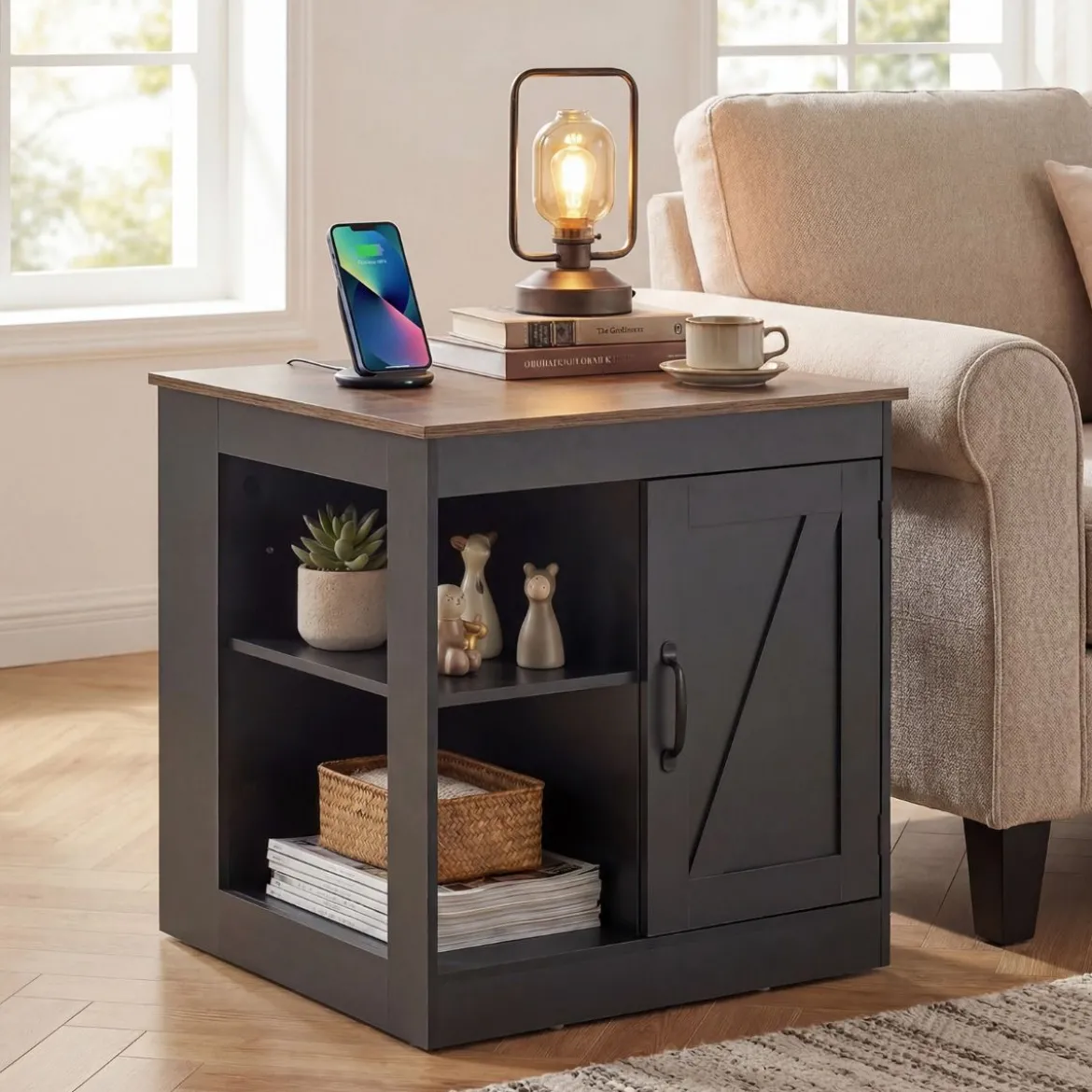 Nachttisch mit Ladestation & Verstellbarem Regal Holz Beistelltisch Nachtschrank Sofatisch Schwarz