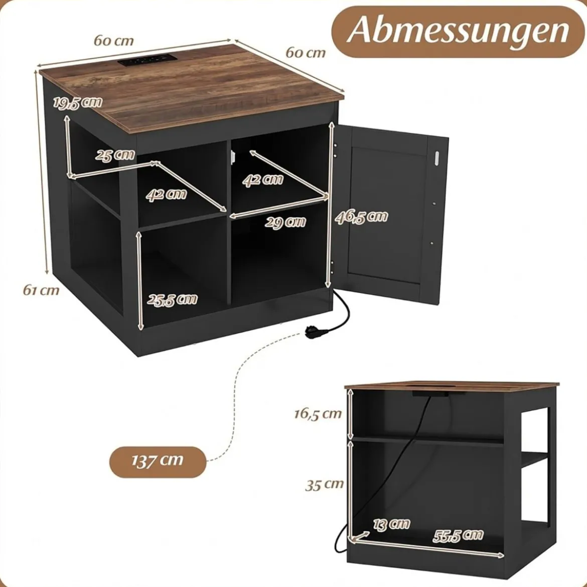 Nachttisch mit Ladestation & Verstellbarem Regal Holz Beistelltisch Nachtschrank Sofatisch Schwarz