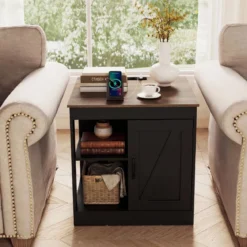 Nachttisch mit Ladestation & Verstellbarem Regal Holz Beistelltisch Nachtschrank Sofatisch Schwarz