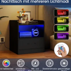 Nachttisch mit LED-Beleuchtung & Offenem Fach & Schublade Beistelltisch Nachtschrank Schwarz