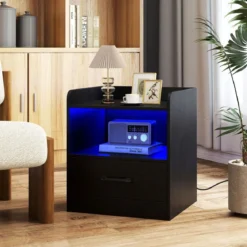 Nachttisch mit LED-Beleuchtung & Offenem Fach & Schublade Beistelltisch Nachtschrank Schwarz