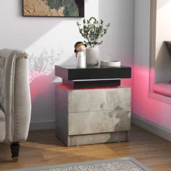 Nachttisch mit LED-Leuchten & 2 Schubladen & Fernbedienung Nachtschrank 45 x 35 x 52cm Grau
