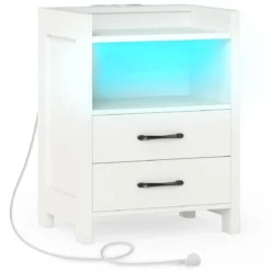 Nachttisch mit LED-Lichtern & Ladestation Nachtschrank mit 2 Schubladen & offenem Ablagefach Beistelltisch Weiß 45 x 35 x 60 cm