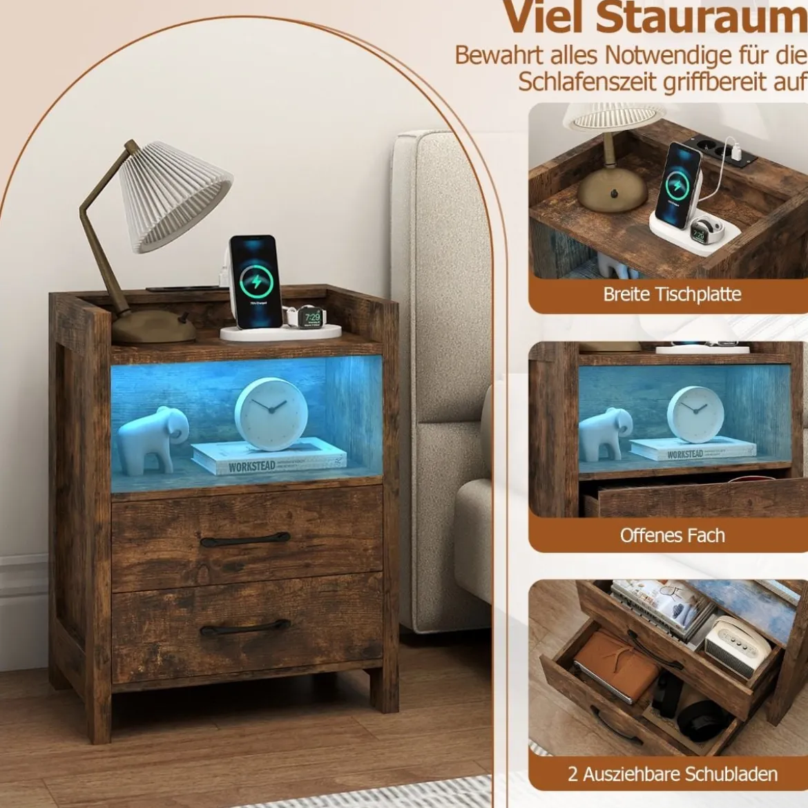 Nachttisch mit LED-Lichtern & Ladestation Nachtschrank mit 2 Schubladen & offenem Ablagefach Beistelltisch Rustikal Braun 45 x 35 x 60 cm