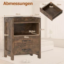 Nachttisch mit LED-Lichtern & Ladestation Nachtschrank mit 2 Schubladen & offenem Ablagefach Beistelltisch Rustikal Braun 45 x 35 x 60 cm