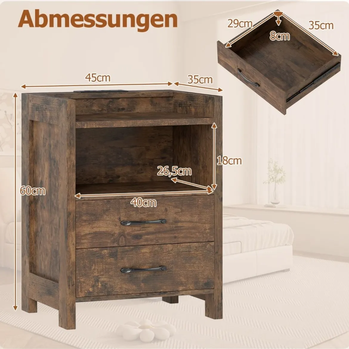 Nachttisch mit LED-Lichtern & Ladestation Nachtschrank mit 2 Schubladen & offenem Ablagefach Beistelltisch Rustikal Braun 45 x 35 x 60 cm