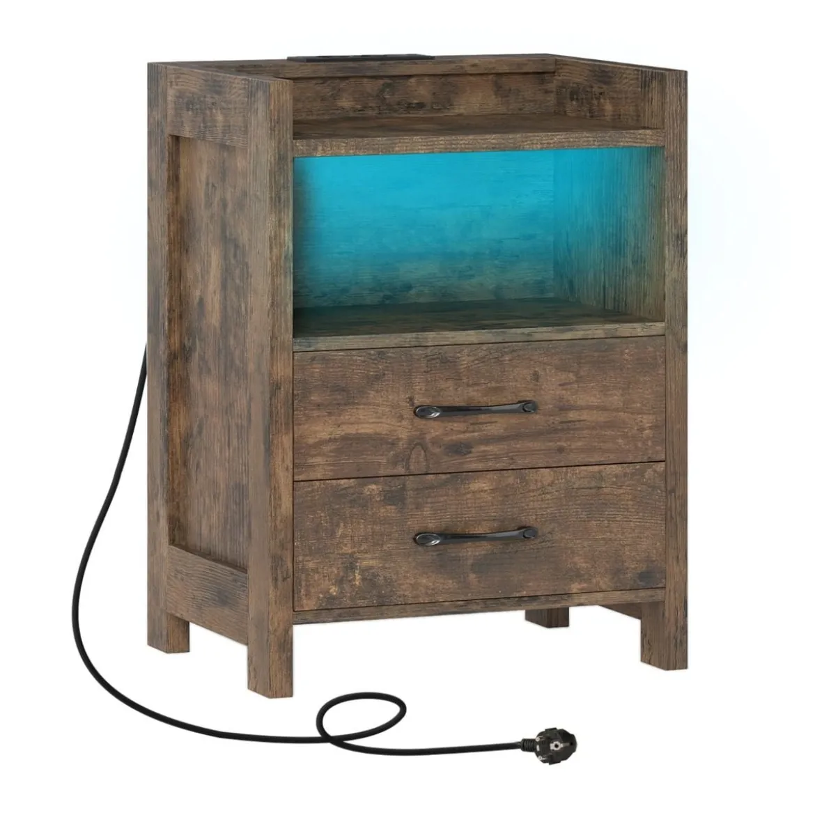 Nachttisch mit LED-Lichtern & Ladestation Nachtschrank mit 2 Schubladen & offenem Ablagefach Beistelltisch Rustikal Braun 45 x 35 x 60 cm