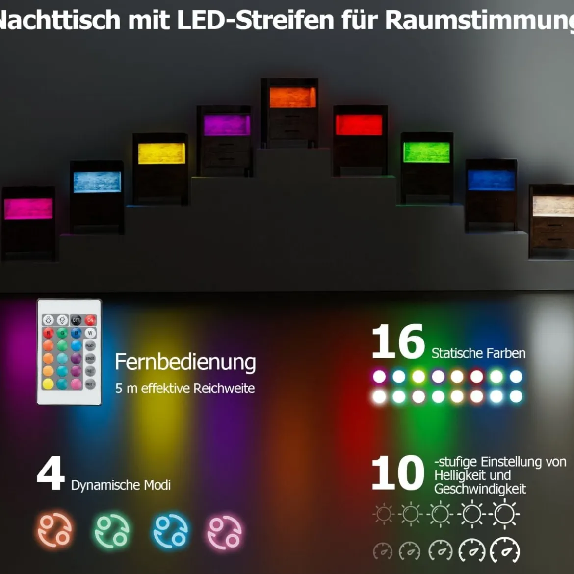 Nachttisch mit LED-Lichtern & Ladestation Nachtschrank mit 2 Schubladen & offenem Ablagefach Beistelltisch Rustikal Braun 45 x 35 x 60 cm