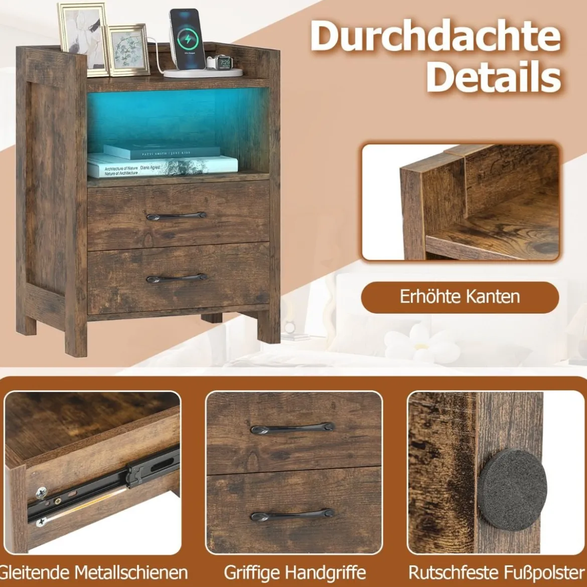 Nachttisch mit LED-Lichtern & Ladestation Nachtschrank mit 2 Schubladen & offenem Ablagefach Beistelltisch Rustikal Braun 45 x 35 x 60 cm