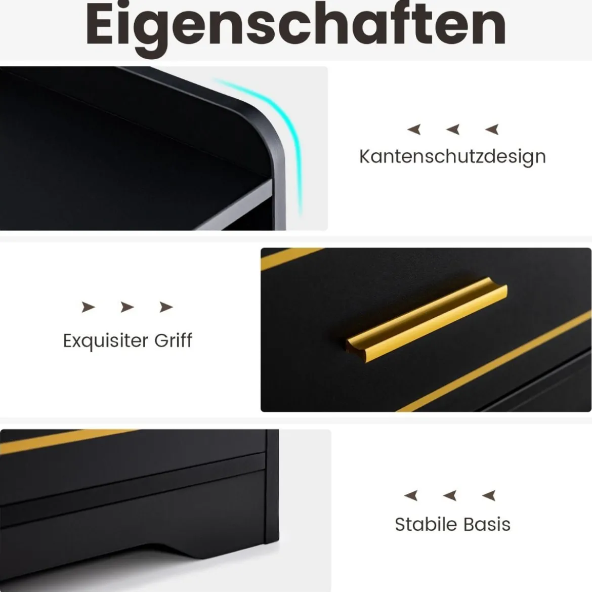 Nachttisch mit LED Licht USB-Anschluss und Typ-C-Ladestation Nachtschrank mit Bewegungssensor Schwarz