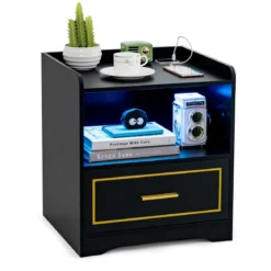 Nachttisch mit LED Licht USB-Anschluss und Typ-C-Ladestation Nachtschrank mit Bewegungssensor Schwarz