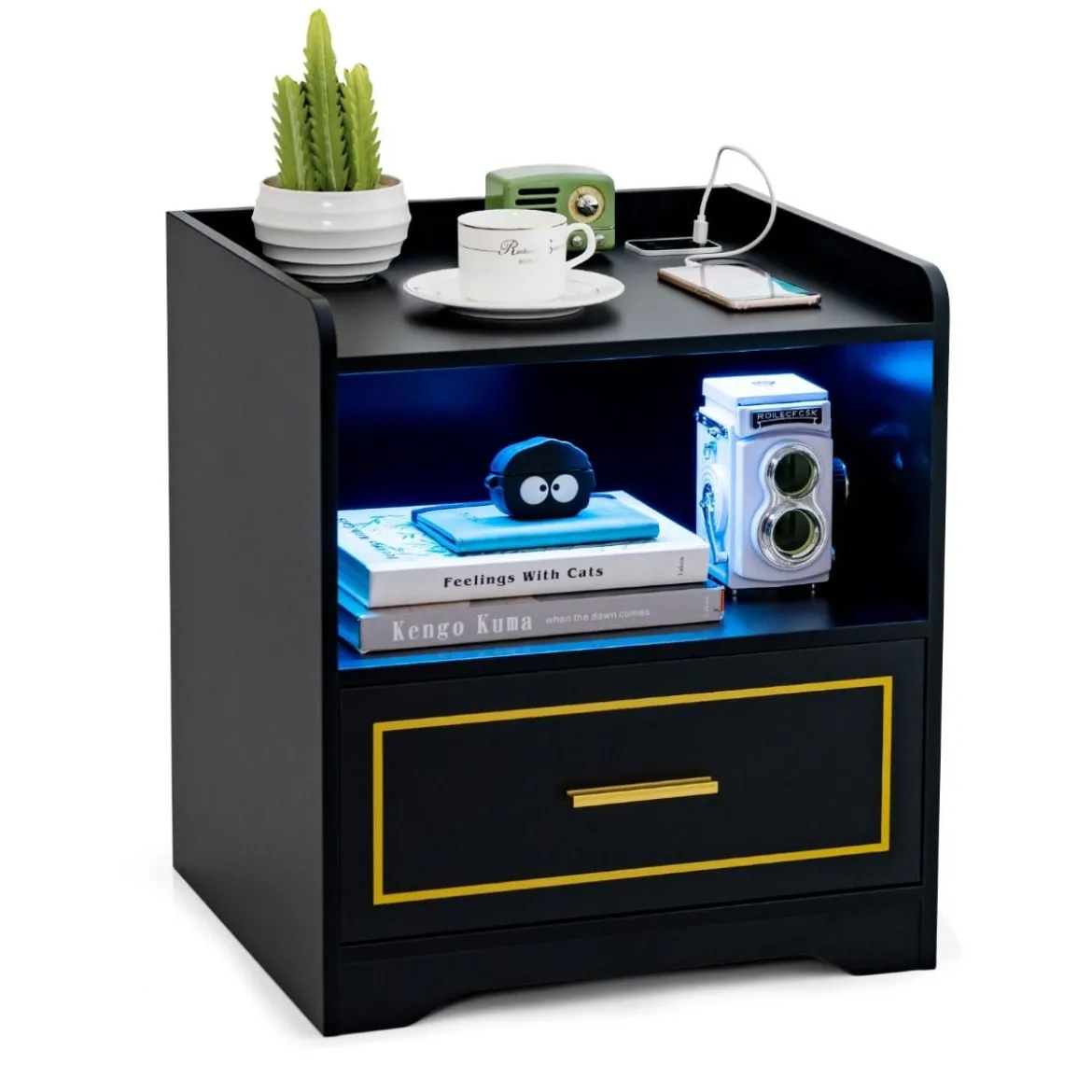 Nachttisch mit LED Licht USB-Anschluss und Typ-C-Ladestation Nachtschrank mit Bewegungssensor Schwarz