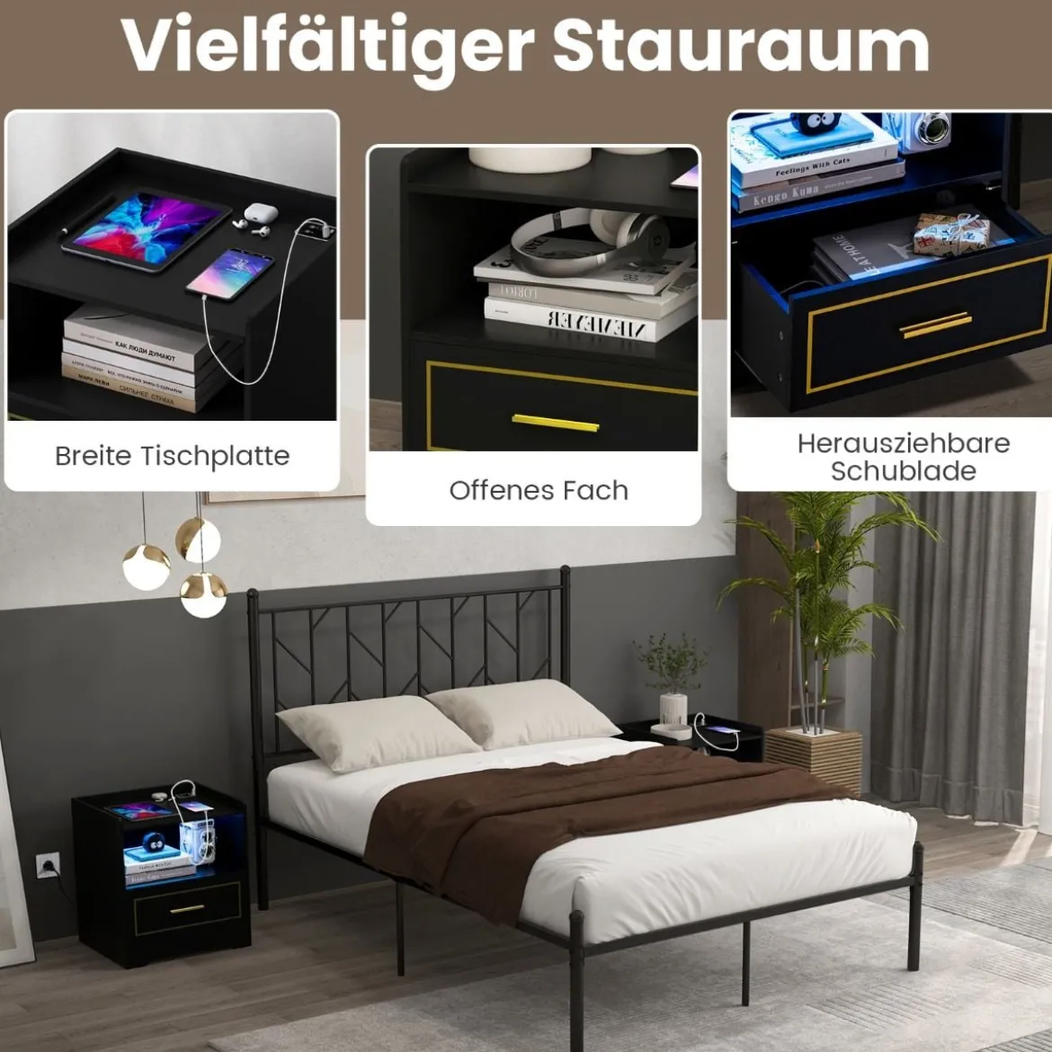 Nachttisch mit LED Licht USB-Anschluss und Typ-C-Ladestation Nachtschrank mit Bewegungssensor Schwarz
