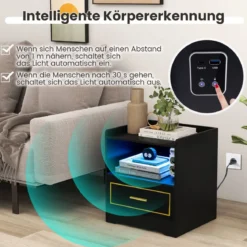 Nachttisch mit LED Licht USB-Anschluss und Typ-C-Ladestation Nachtschrank mit Bewegungssensor Schwarz